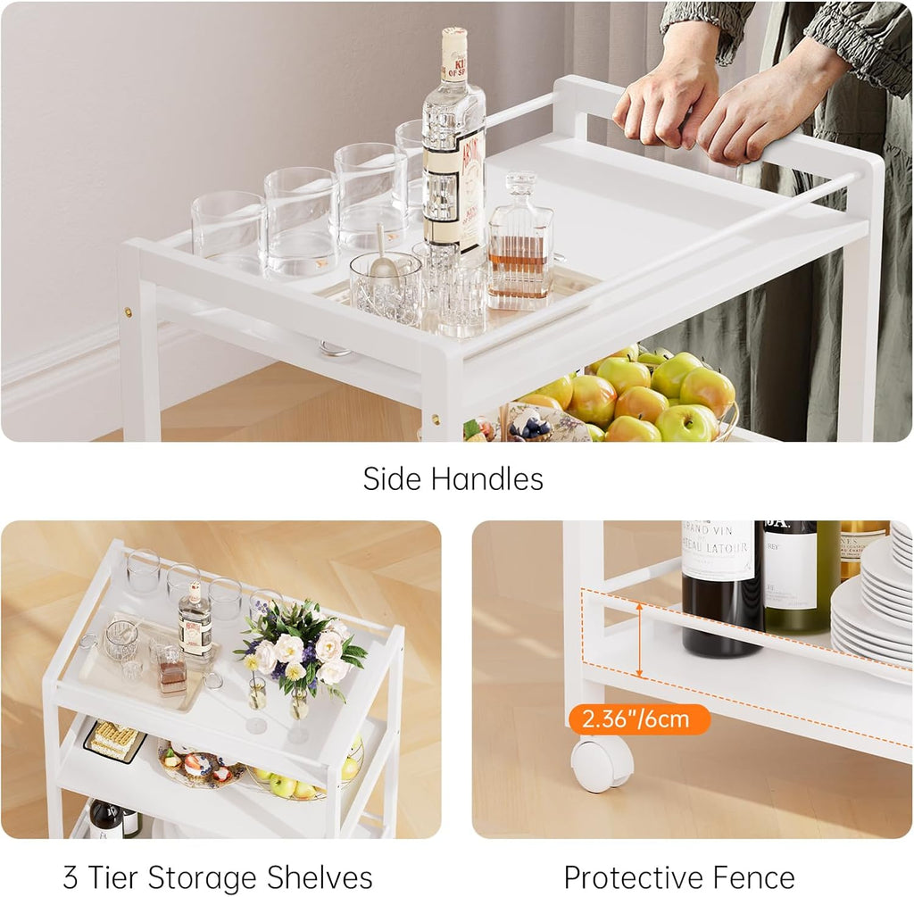 White Bar Cart, Home Bar Serving Cart, Kitchen Trolley on Wheels with Storage, 3 Tier Rolling Beverage Cart Kitchen