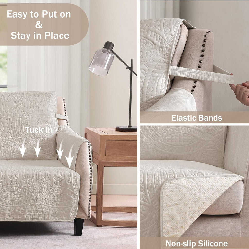 Beige Quilted Recliner Chair Covers, Water-Repellent Recliner Slipcovers, Lazy Boy Chair Covers, Pet Friendly