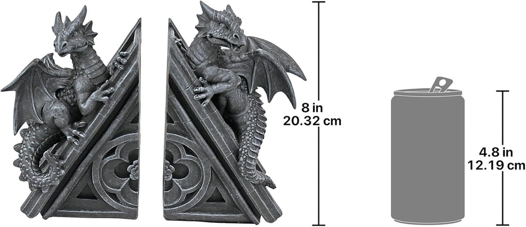 Castle Dragon Gothic Decor Decorative Bookend Statues, 8 Inch, Set of Two, Polyresin, Grey Stone