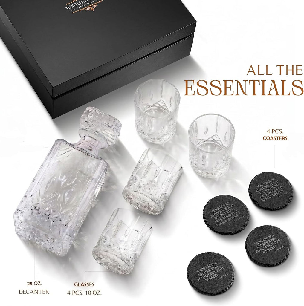Ry Whiskey Decanter Gift Set - 25oz Crystal Decanter, 4 Old-Fashioned Glasses, 4 Slate Coasters with Diamond Pattern - Set of 9