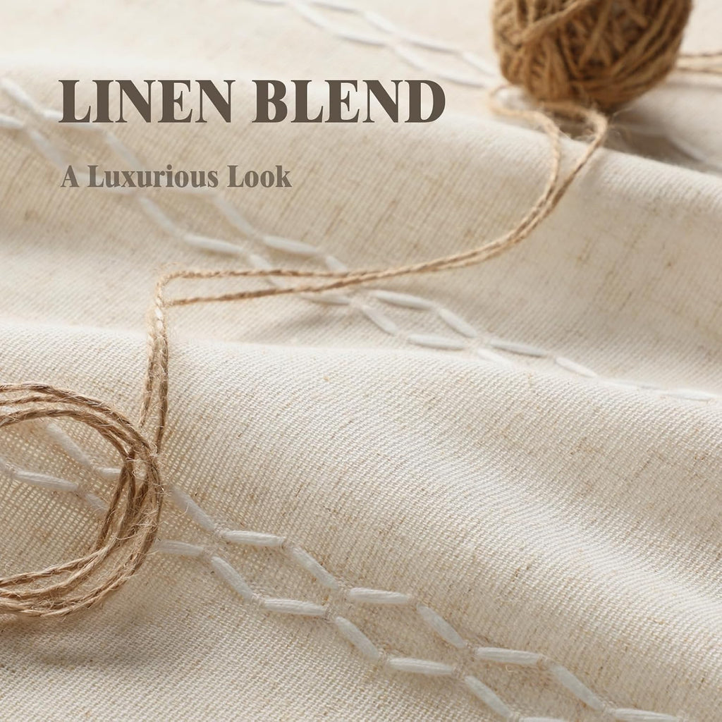Boho Light Filtering Curtains 63 Inches Long Beige Linen Blend 2 Panels with Tassels and Cotton Embroidery, Farmhouse