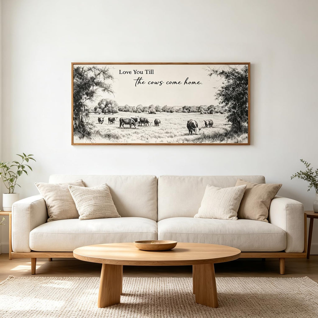 Large Framed Vintage Cow Sketch Farm Canvas Wall Art, Love U Till the Cows Come Home Quote Wall Decor for Farmhouse