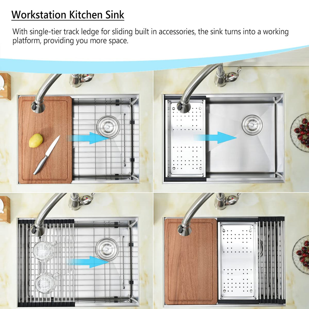 25 Inch Undermount Workstation, 25x19 Stainless Steel Undermount 16 Gauge Single Bowl Workstation Sink with Cutting