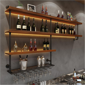 Solid Wood LED Wall Mounted Wine Rack (39.4 in/ 100CM) | 4 Tiers Liquor Bottles Floating Shelves with Glass Holder