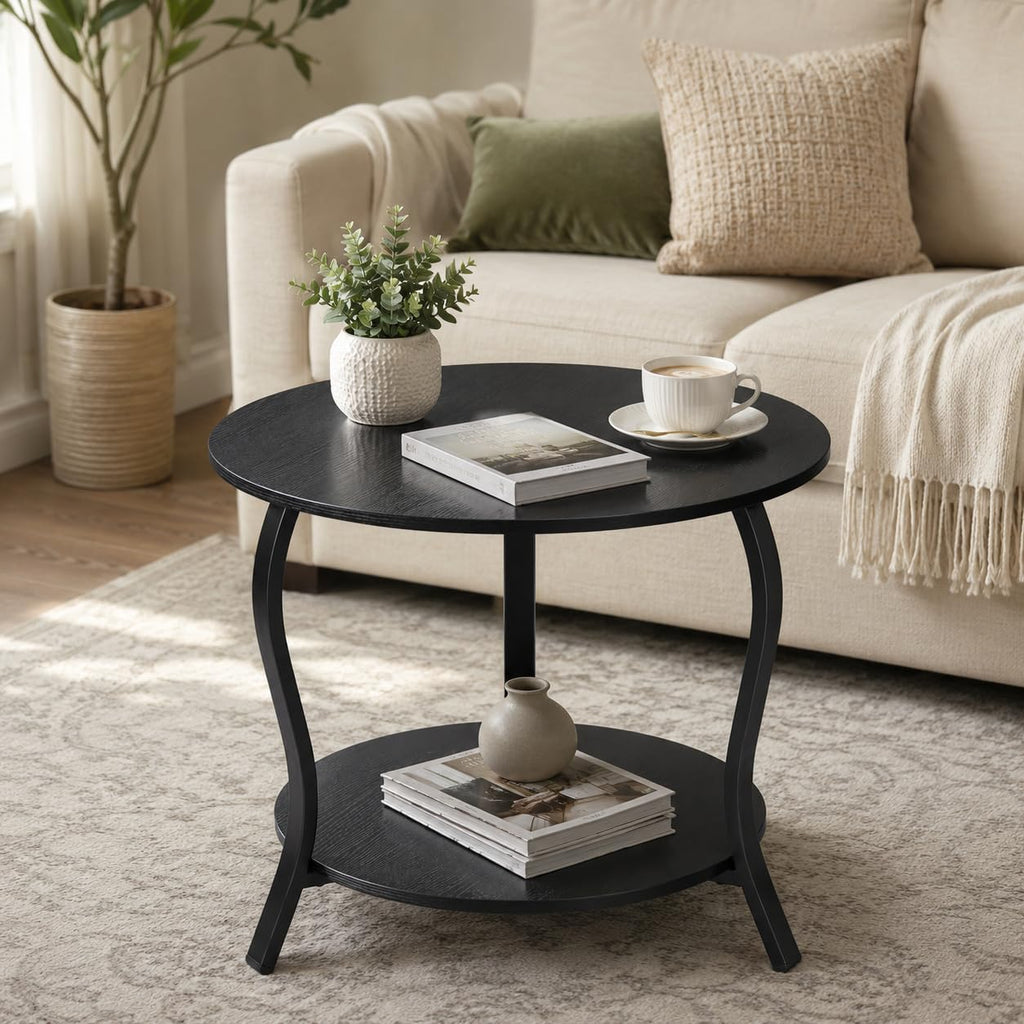 Small Round Coffee Table with Open Storage, 23" 2-Tier Coffee Side Tables for Small Space, Accent Center Table Circle