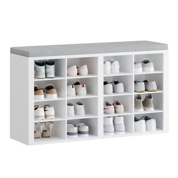 Shoe Storage Bench with Cushion, Entryway 16-Cubby Shoe Rack
