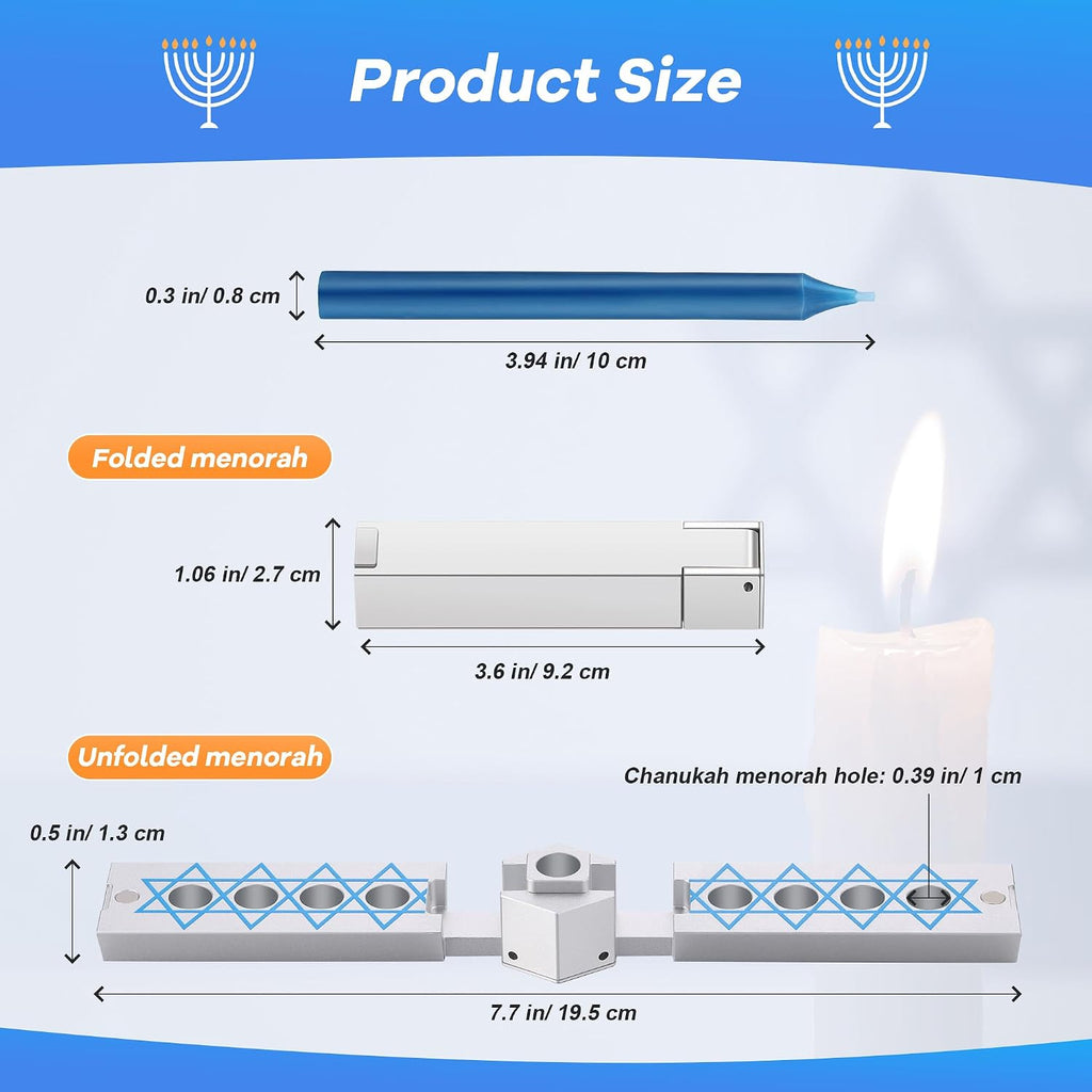 Folding Travel Chanukah with Candle Set, Foldable Hanukkah with 10 Blue and White Candles, Satin Silver, Fits