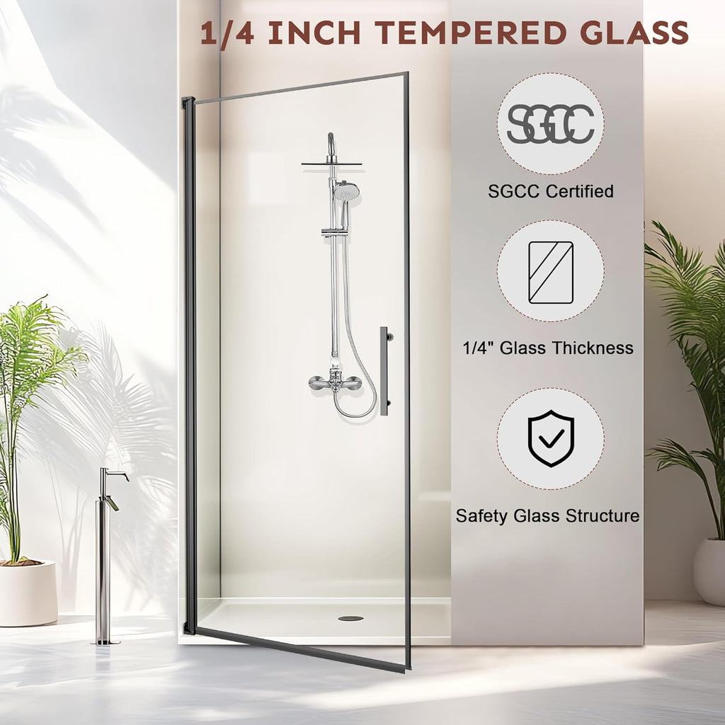 36" Wx72 H Frameless Reversible Pivot Shower Door, 1/4" Clear SGCC Tempered Glass, 304 Stainless Steel Hardware
