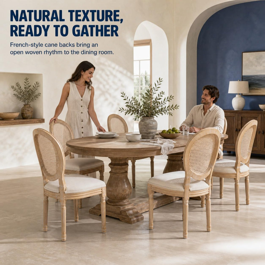 French Country Dining Chairs Set of 6, Cream Kitchen & Dinning Chairs Set of 6, Ivory Rattan Dining Chairs, Cane