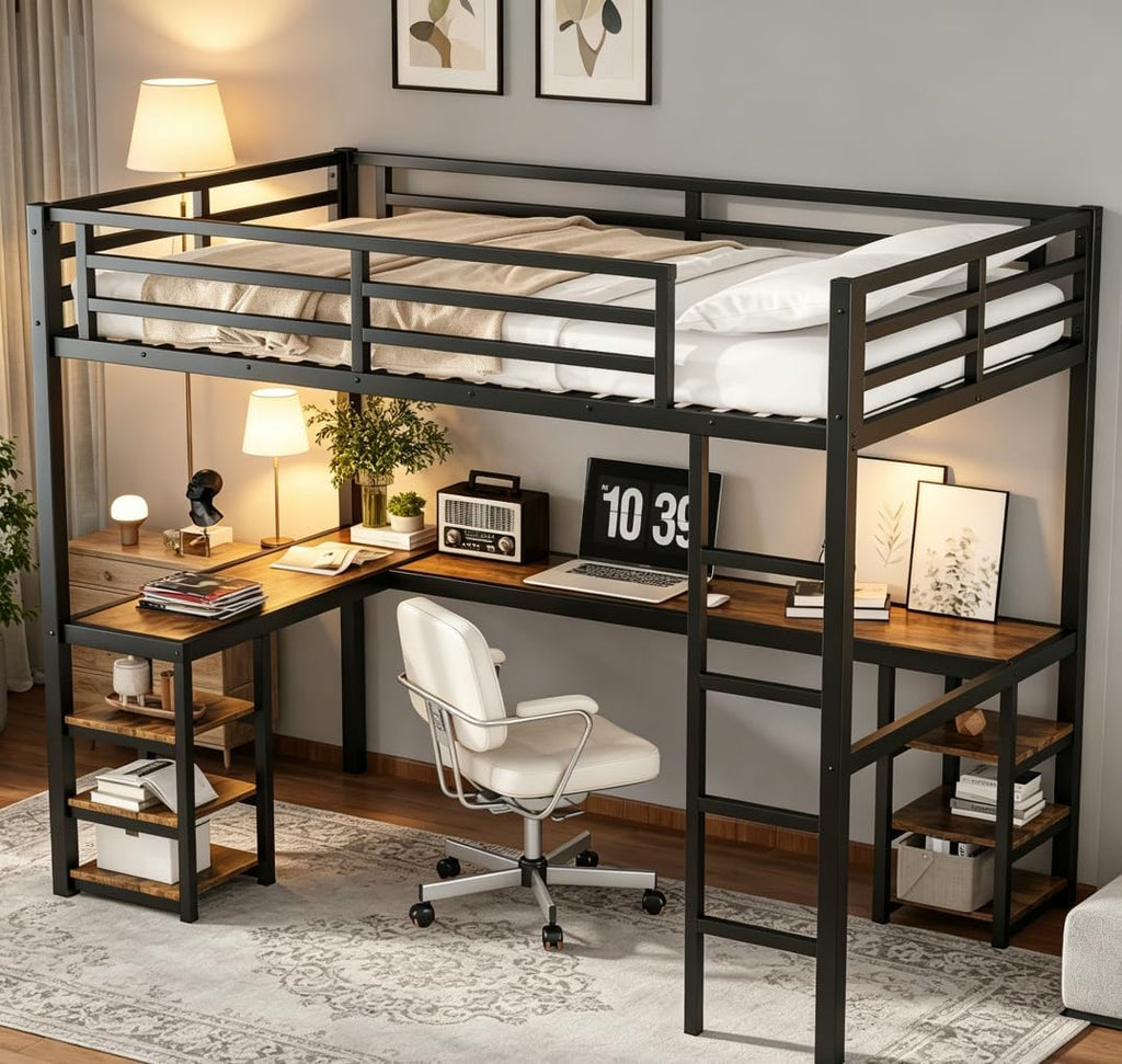 Twin XL Size Loft Bed with Desk and Shelves, Metal Twin XL loft bedframe with L Desk and 6 Storage Shelves, Black
