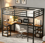 Twin XL Size Loft Bed with Desk and Shelves, Metal Twin XL loft bedframe with L Desk and 6 Storage Shelves, Black