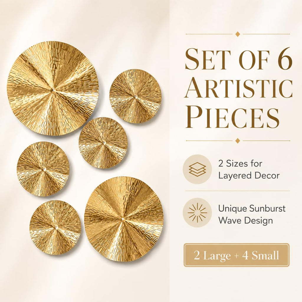 6 Pcs Gold Sunburst Wall Decor Set, Iron Metal Wall Art with 9.6" & 5.9" Pieces, Modern Geometric Hanging Sculptures