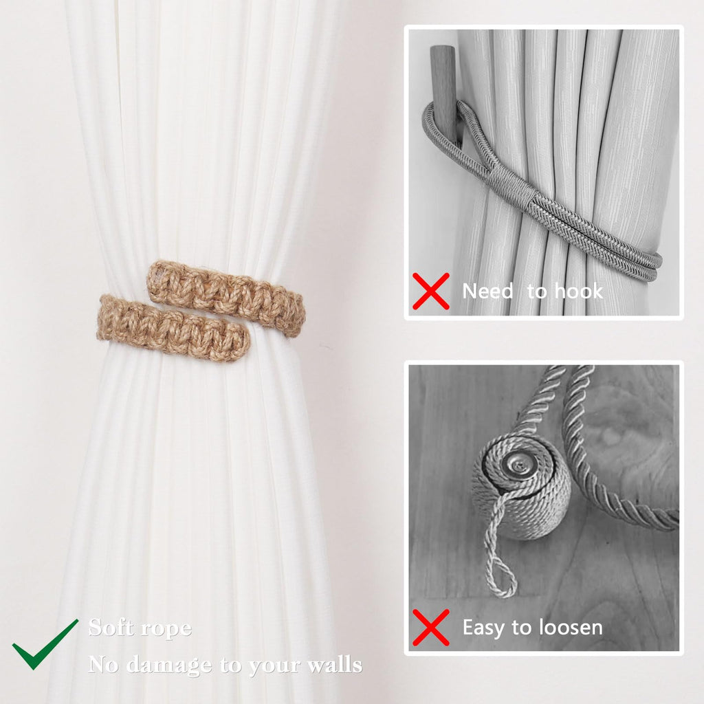 Natural Jute Rope Curtain Tiebacks Farmhouse Rustic Style Decorative Drape Tie Backs Handmade Braided Curtain - 4 Pack