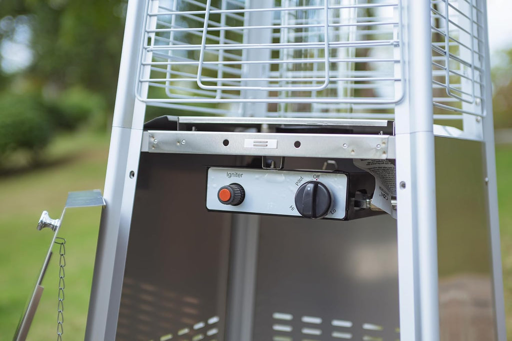 91" Tall Glass Tube Outdoor Patio Heater, 49000BTU, Stainless Steel, Wheels Included, Regulator and Hose Included