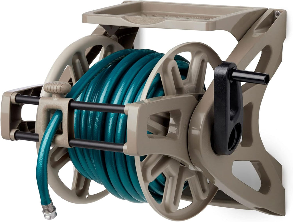 Slide Trak Garden Hose Reel, Wall-Mount Holder with Storage Tray, Dark Taupe - Outdoor Mounted Organizer for 175 Ft