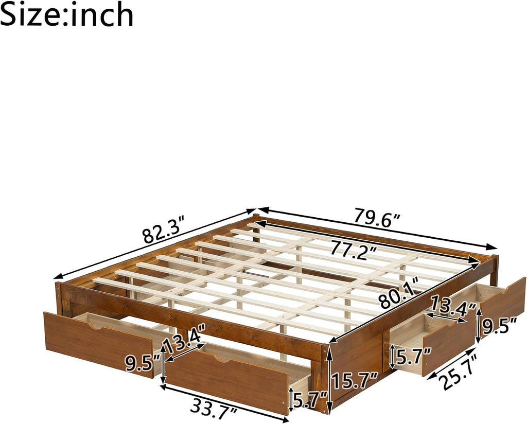 Solid Wood Floor King Bed Frame with Storage Drawers No Headboard(Walnut)