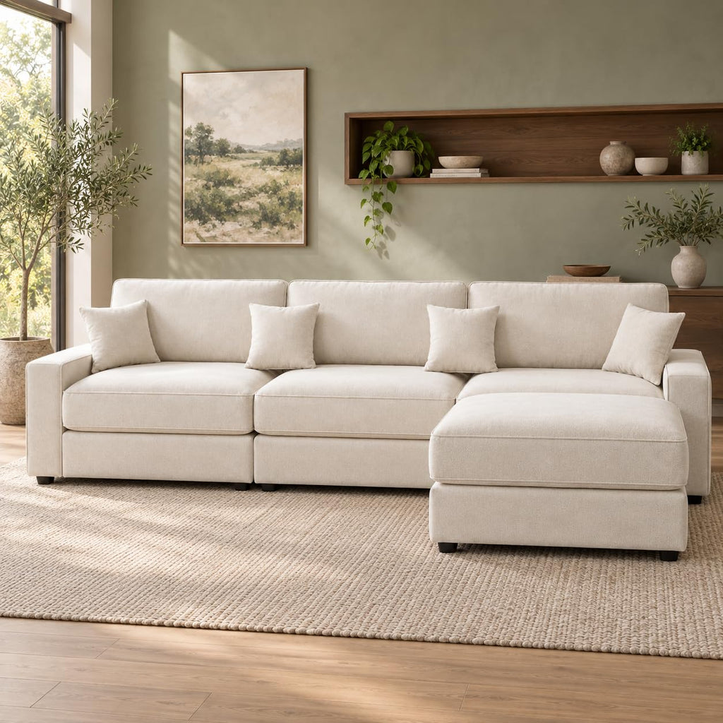 115" L-Shaped Modular Sectional Sofa, Oversized Deep Seat with Movable Ottoman, Chenille Upholstery, Side Pocket & 4