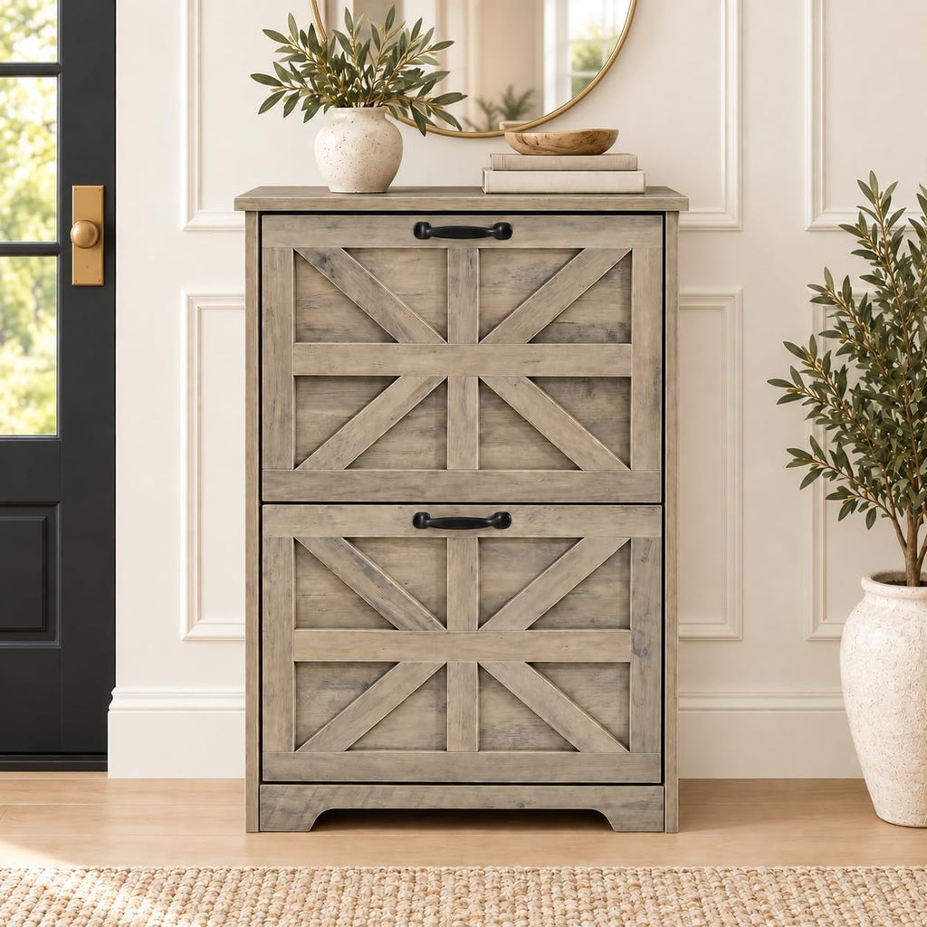 Farmhouse Narrow Shoe Storage Cabinet, Space-Saving Freestanding Shoe Rack Cabinet with 2 Flip-Up Drawers, Hidden