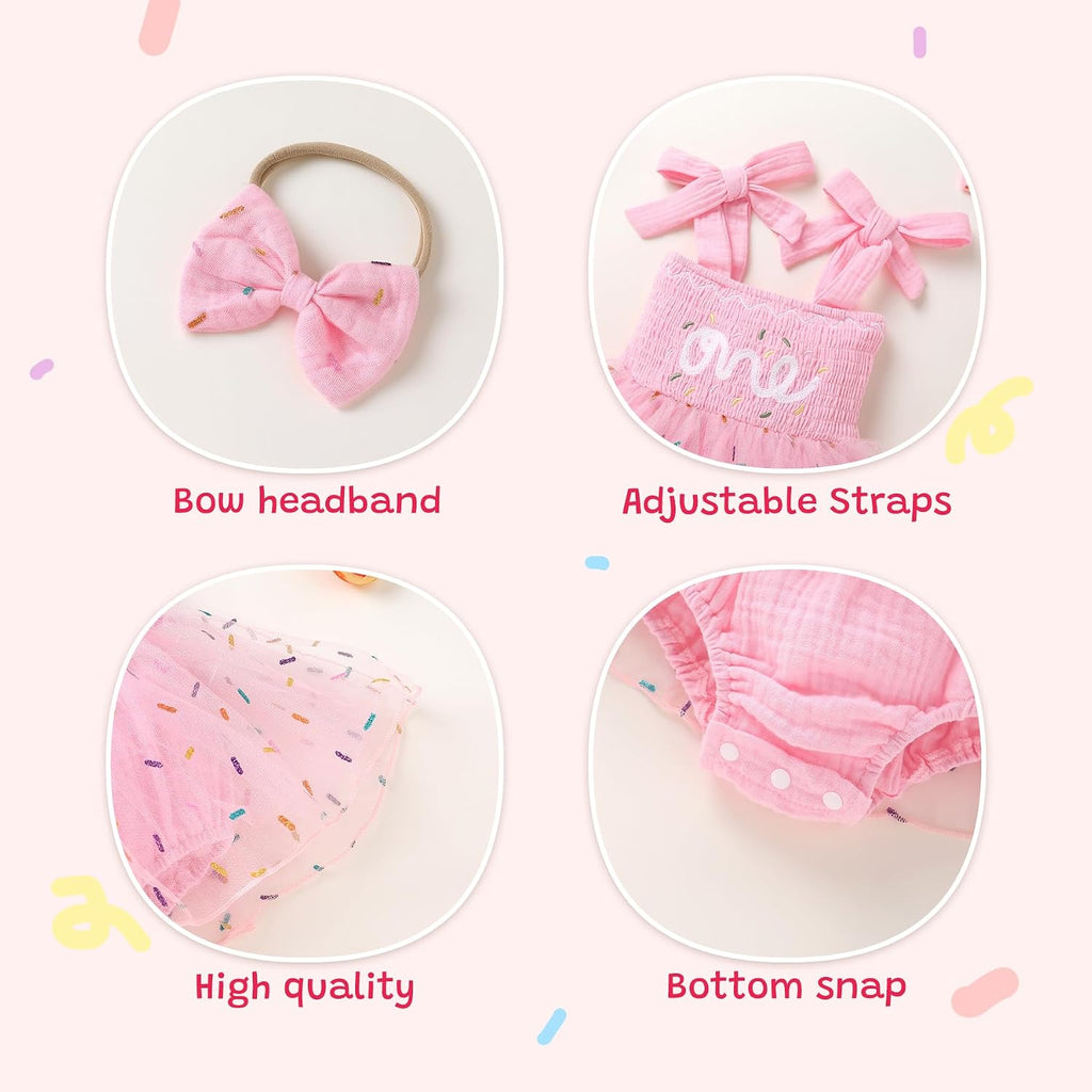Baby Girl 1st Birthday Outfit Sleeveless One Year Old Romper Dress with Headband Cute Toddler Photo Clothes