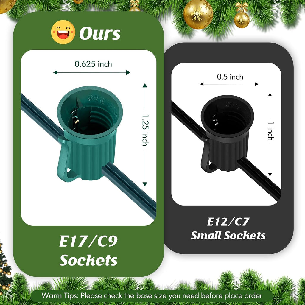 Commercial 500 FT C9 Christmas LED Lights String Outdoor, E17 Christmas Light Sockets Set Spool, C9 Sockets Patio