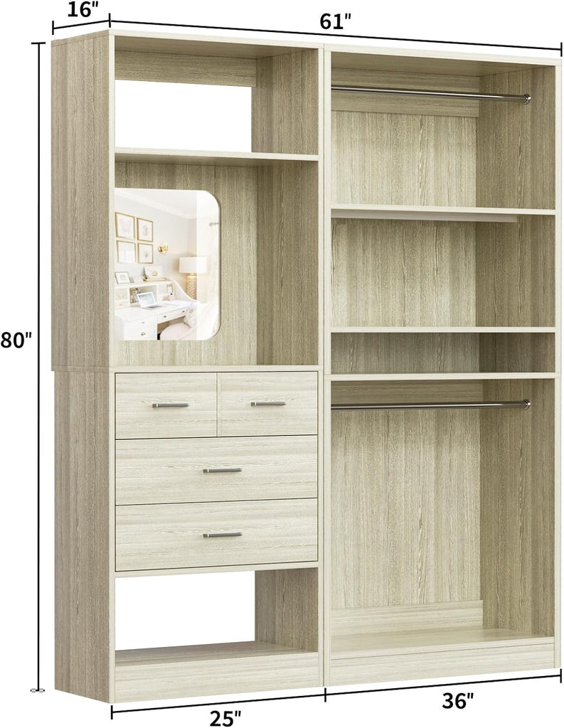 61" Closet System, Heavy Duty Wood Closet Organizer with 2 Hanging Rods, Walk-in Wardrobe Garment Rack with