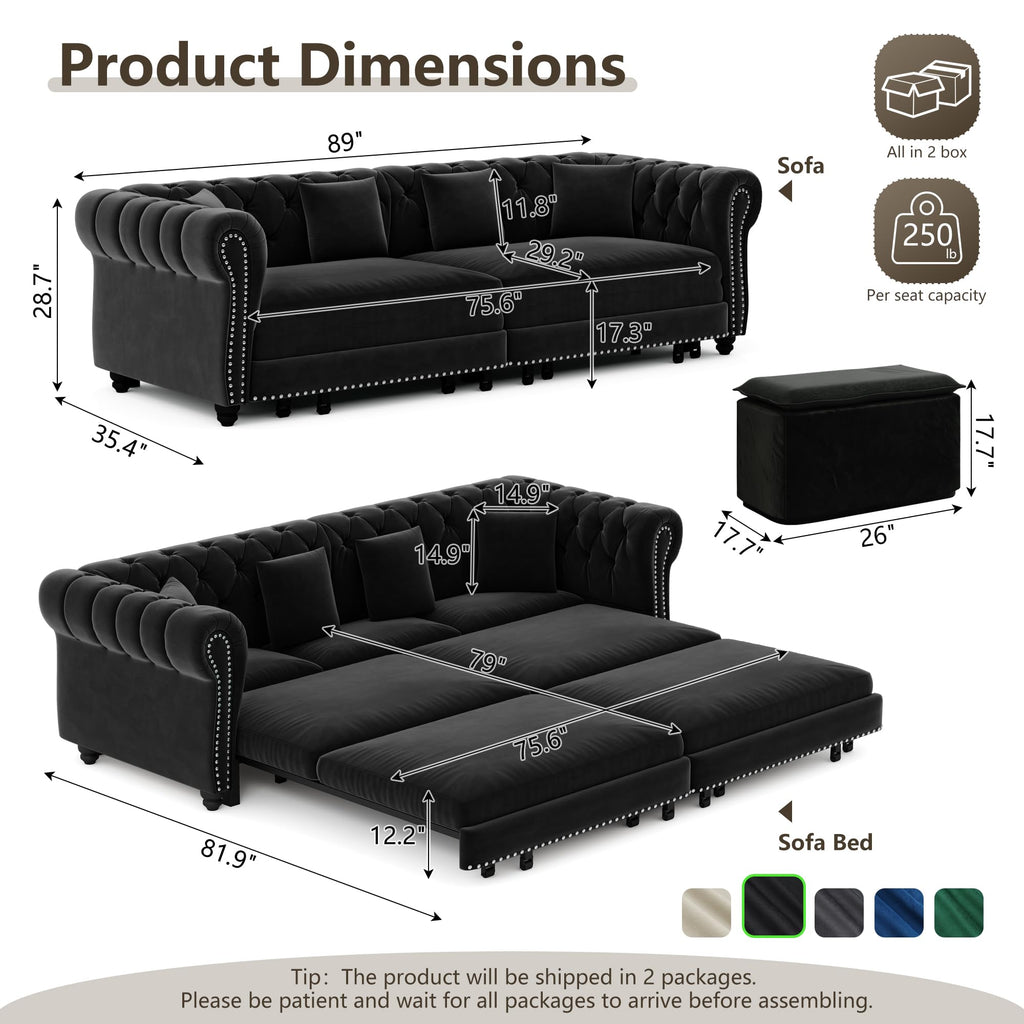 89" Velvet Pull-Out Chesterfield King Sleeper Sofa Bed with Ottoman, Black