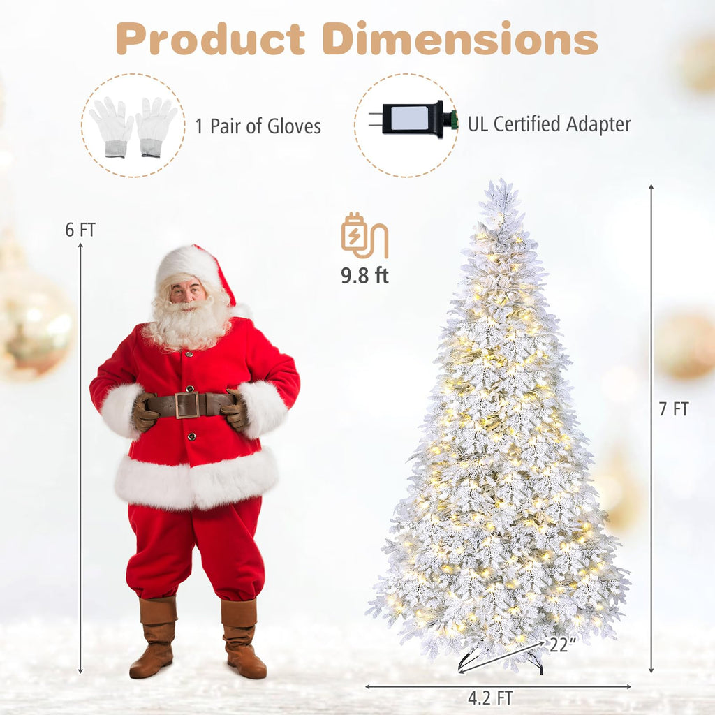 7FT Pre-lit Christmas Tree, Snow Flocked Artificial Christmas Tree