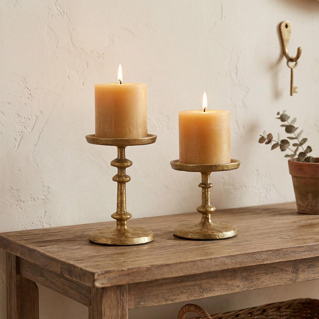 Gold Cast Iron Pillar Candle Holders Set of 2 Farmhouse Candlesticks | Fireplace Mantel, Dinning Table Centerpieces