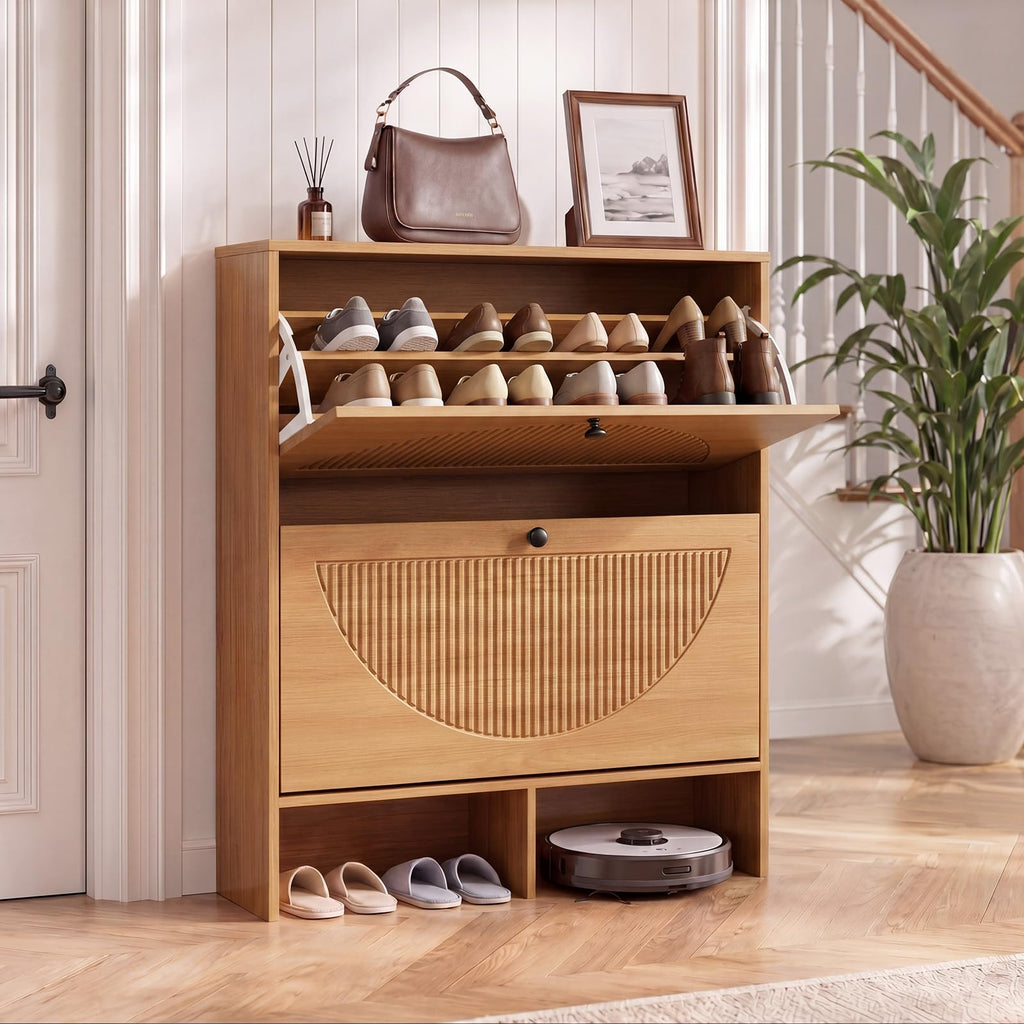 Shoe Cabinet with 2 Flip Drawers, Narrow Shoe Cabinet Storage, Freestanding Shoe Organizer with Adjustable Shelves &
