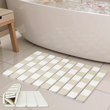 Taupe White Buffalo Check Stone Bath Mat, Diatomaceous Stone Bathroom Mats
