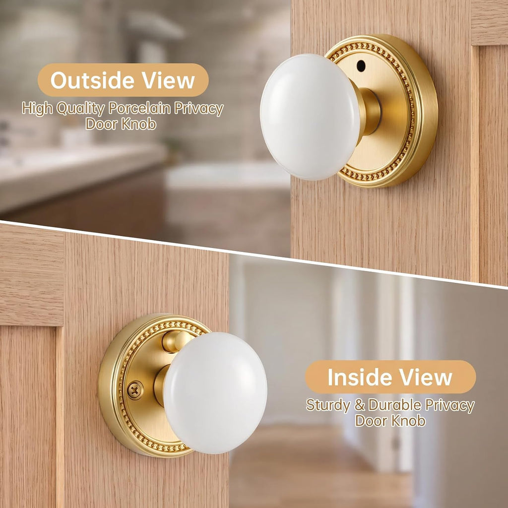 White Porcelain Door Knob with Gold Base,1 Pack