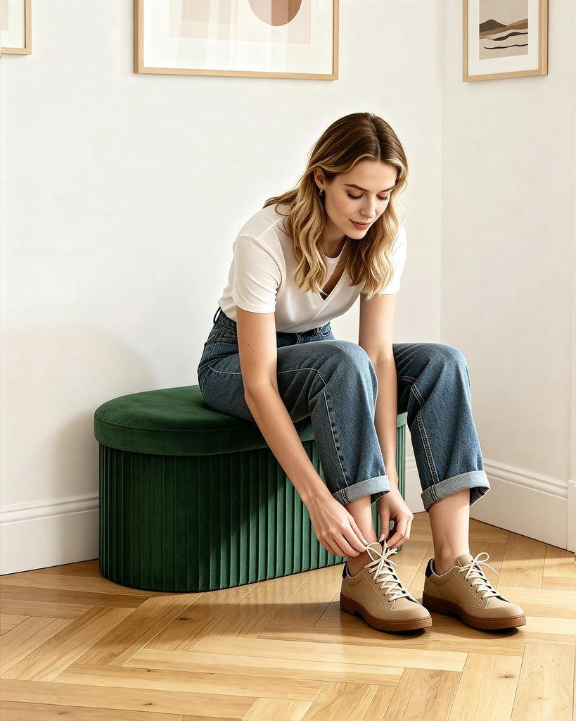 Folding Ottoman with Storage, Oval Velvet Storage Bench, Green