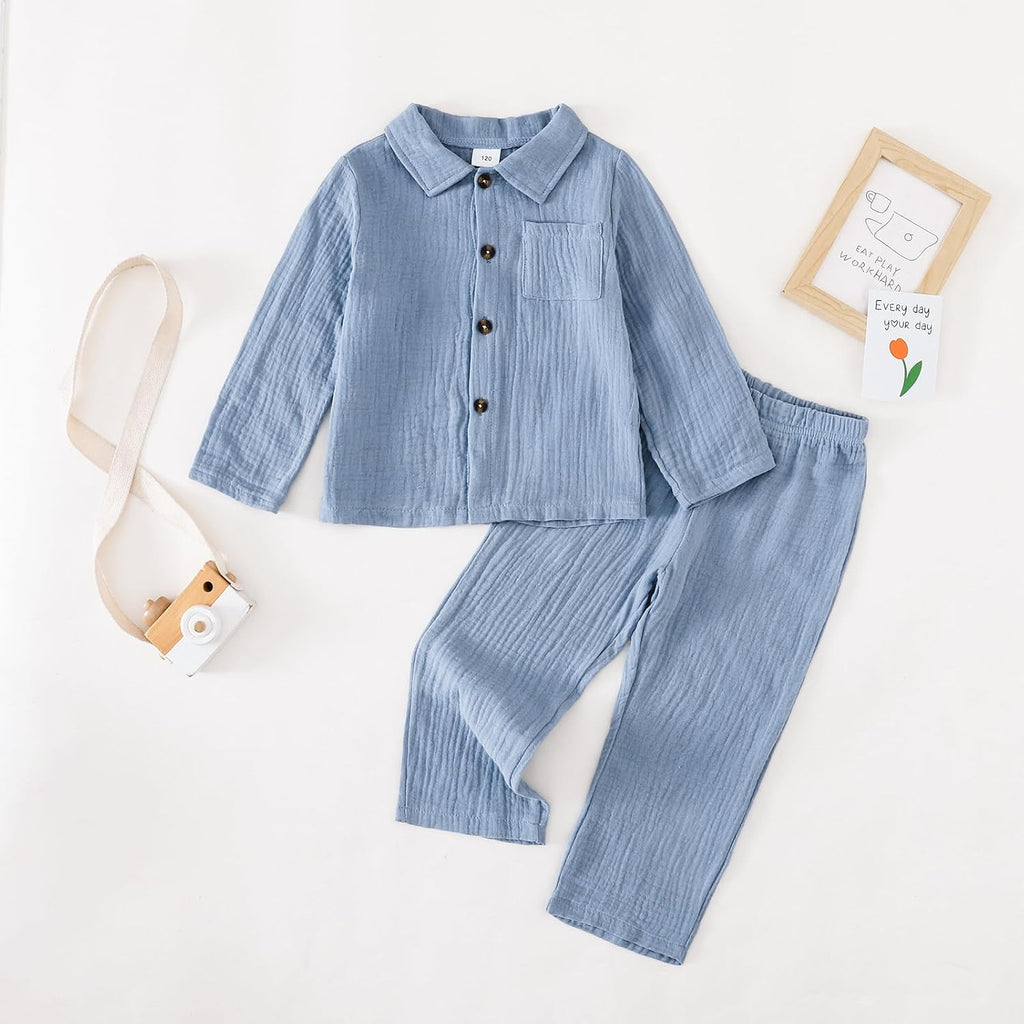 Toddler Boy Girl Fall Clothes Cotton Linen Long Sleeve Shirt Pants Set Unisex Casual Outfit