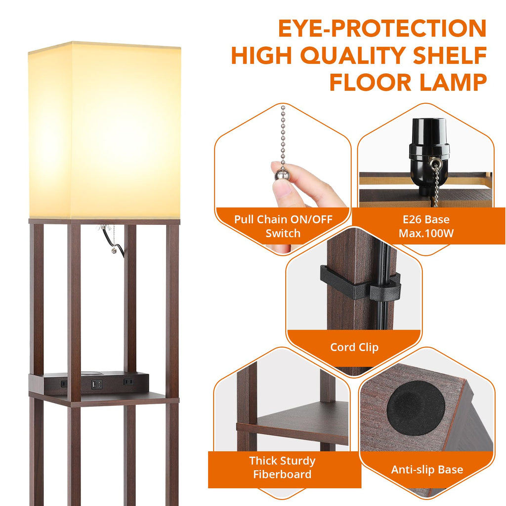 Shelf Floor Lamp with Wireless Charger, USB, Type C, AC Port,Brown