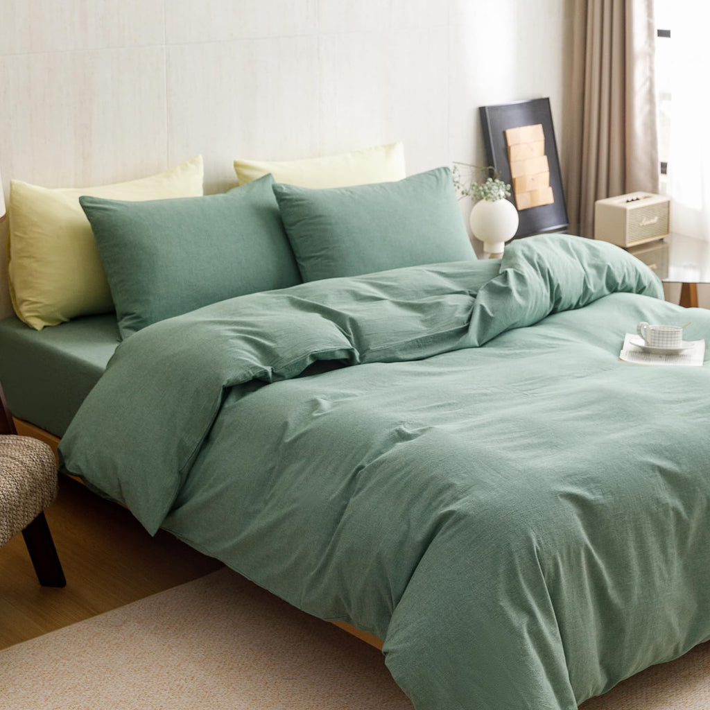 Green Comforter 100% Washed Cotton Bedding Set with Breathable & Soft Linen Feel Solid Foreat Green Bedding