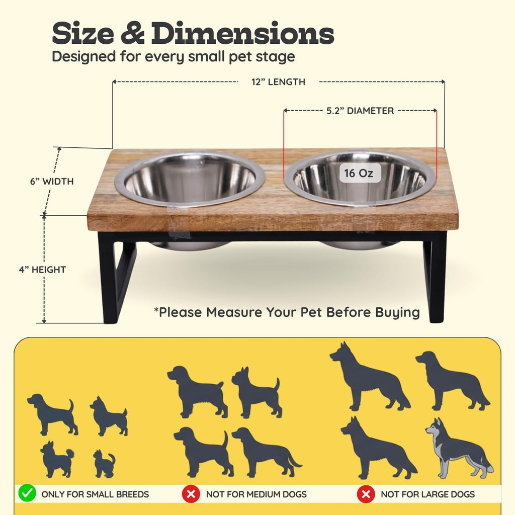 Elevated Dog Bowls, 4" Small Dogs & Cats Raised Bowl Mango Wood Stand, Food & Water 2 Stainless Steel Dishes Each