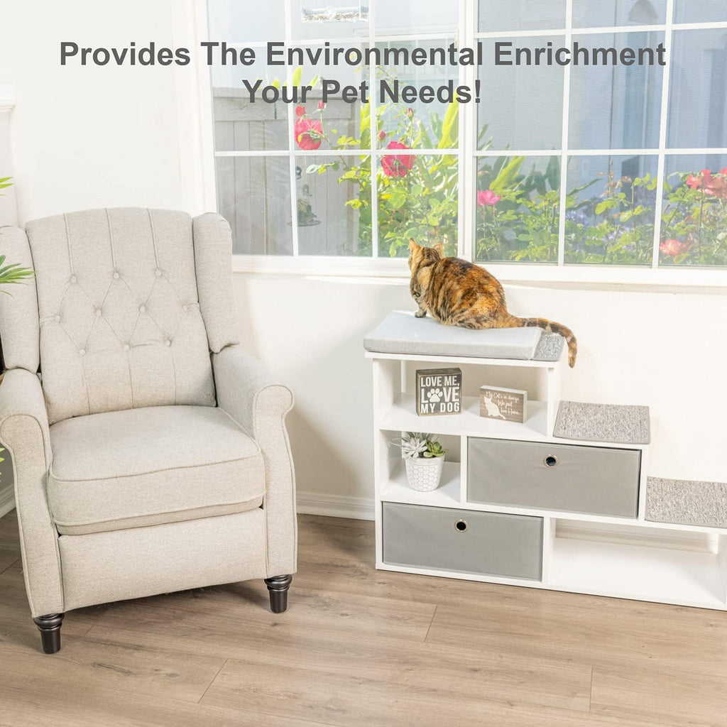 Pet Step Window Perch Bookshelf w/ Storage Baskets 28" Tall Dog and Cat Perch, 8" Stair Height Multi-Functional