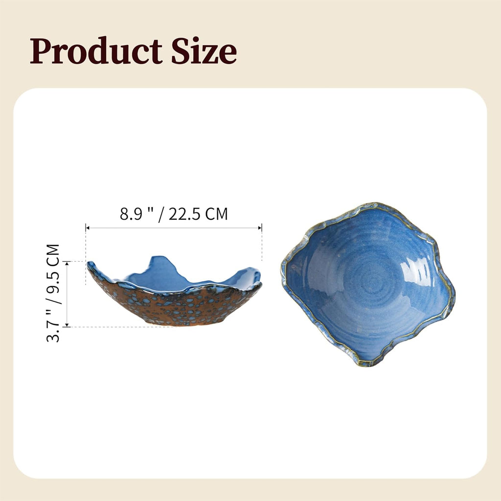 8.6 Inch Ceramic Decorative Bowl with Irregular Wavy Rim and Dynamic Reactive Glaze (Blue)
