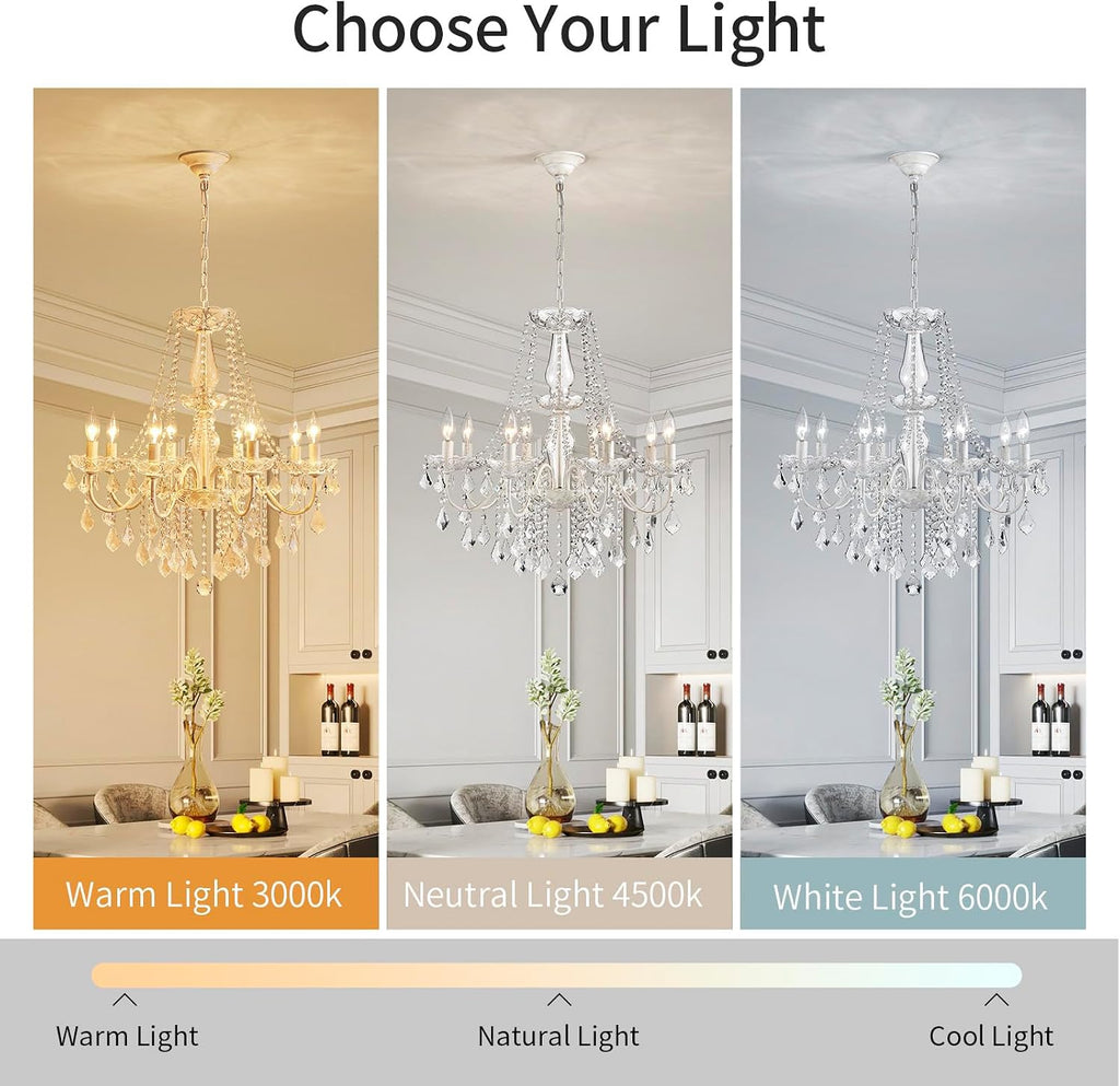 8-Light White Crystal Chandelier - Modern Candle Style Pendant Light, 26.4" W x 25.8" H