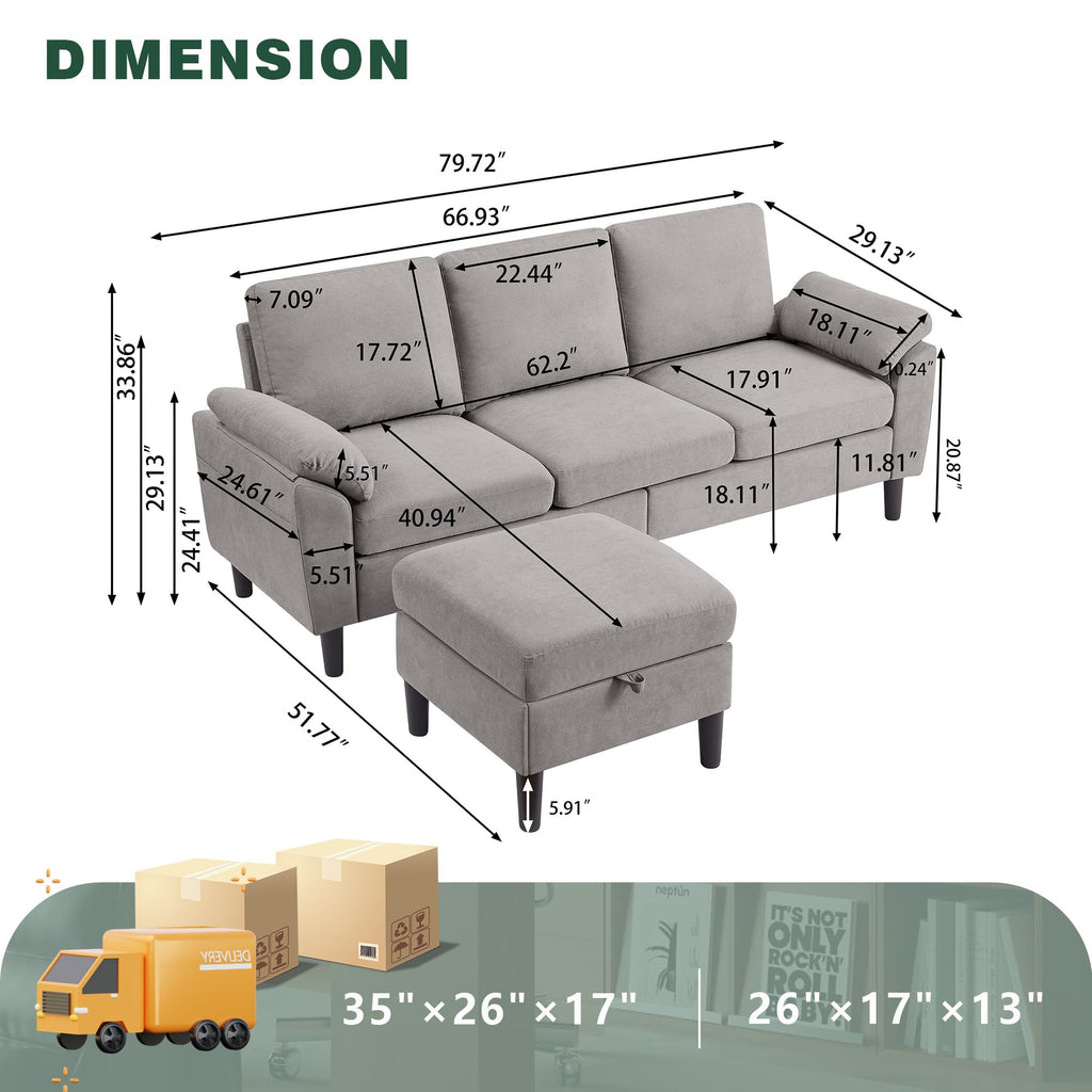80" Convertible Sectional Sofa, Small L Shaped 3 Seat Couch with Reversible Storage Chaise, Modern Polyester Fabric