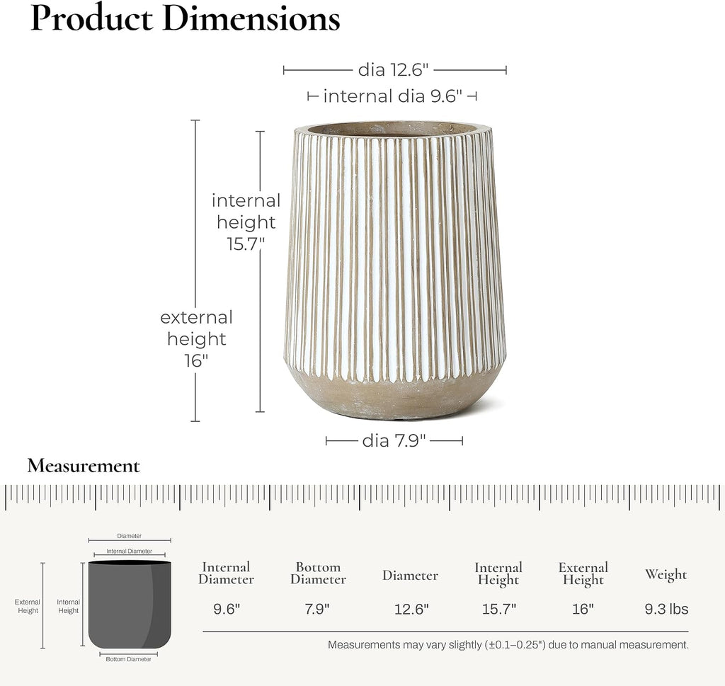 LuxenHome 16.1" H Concrete Tall Planter, Large Outdoor Indoor Plant Pot | Drainage Hole with Rubber Plug, Round