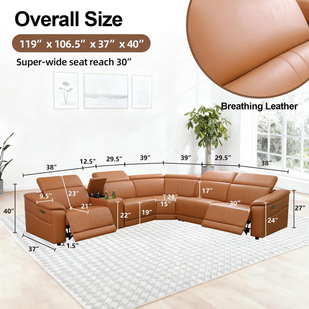 Power Recliner Sectional Sofa, Power Leather Corner Sectional Couch with Dual Recliners, 5-Seater L Shaped Couch