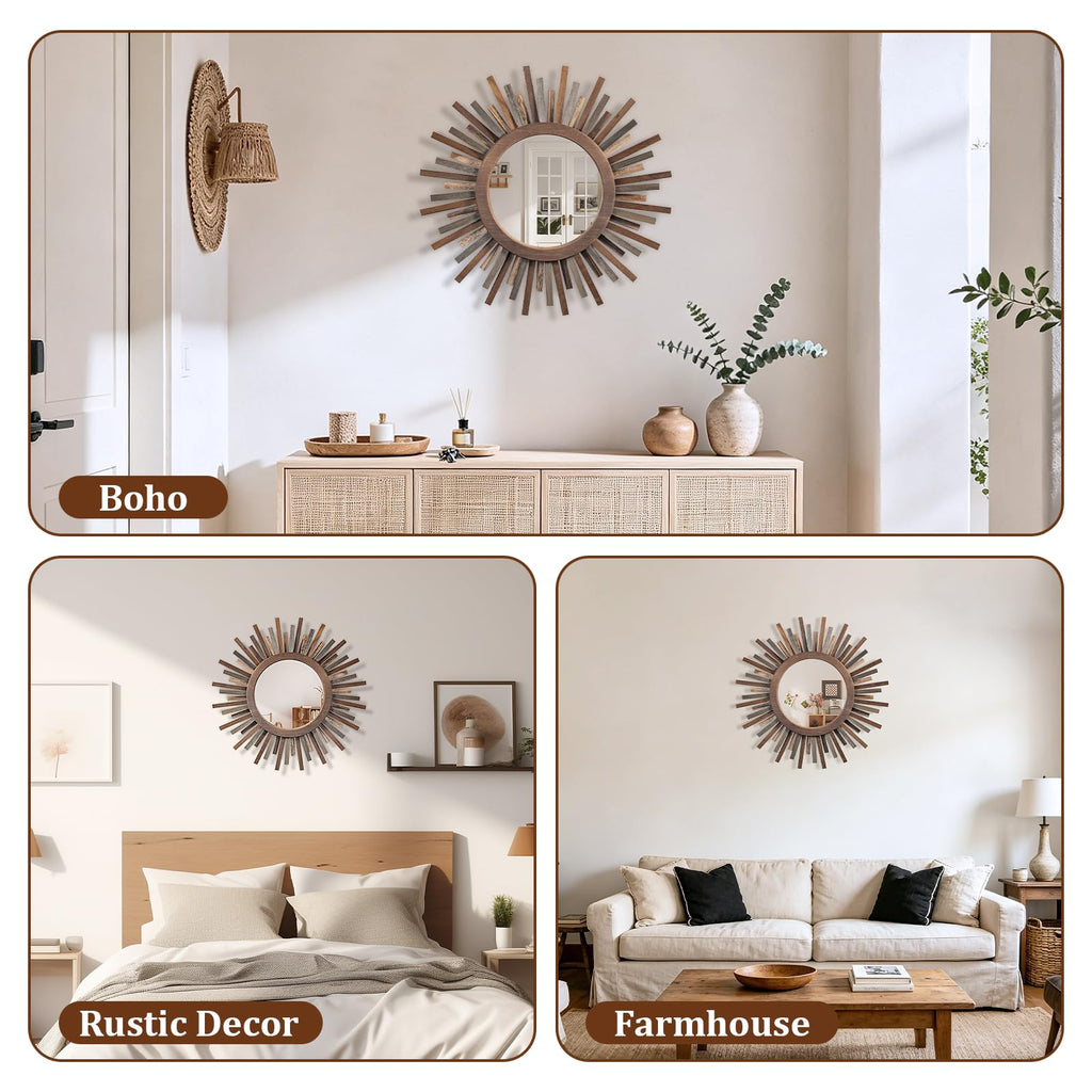18 Inch Boho Sunburst Mirror, Decorative Rustic Farmhouse Wall Decor - Tricolor Wood Frame