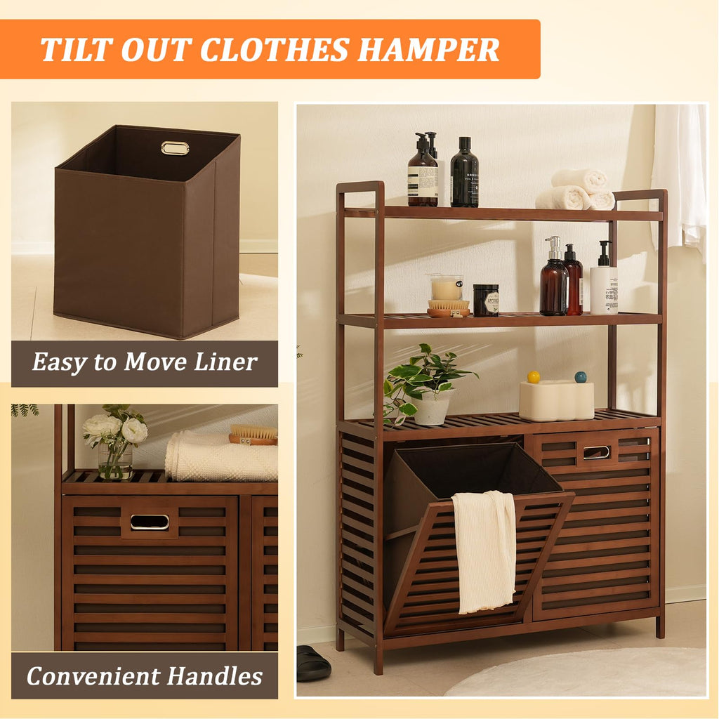 Tilt Out Laundry Hamper, Bamboo Double Laundry Hamper with Shelf