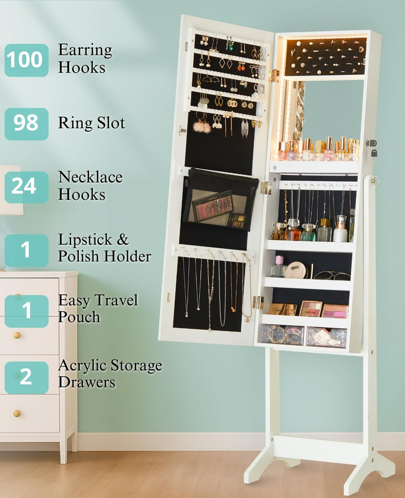 Full‐Length Standing Jewelry Armoire, 60 in Mirror with Storage