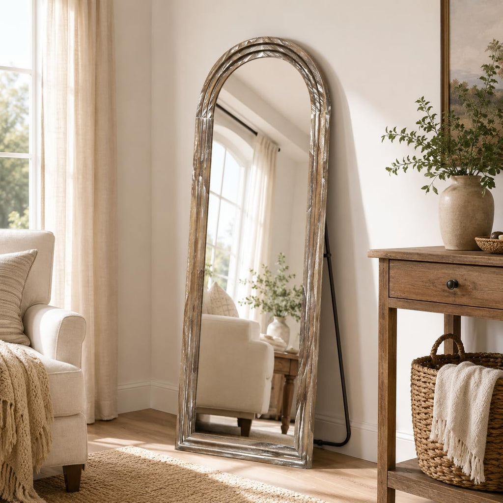 Distressed White 63x21 Arched Full Length Mirror with Stand