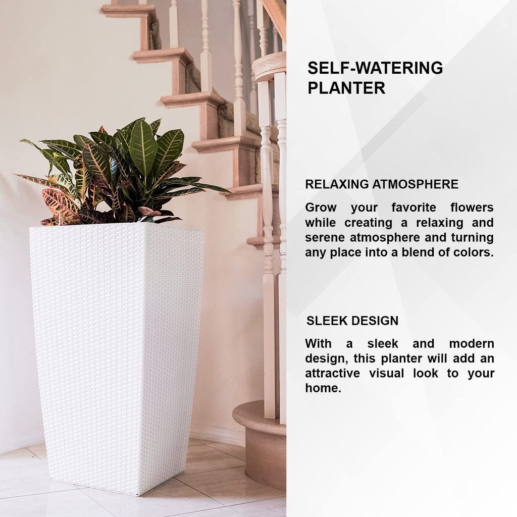 30" H White Rattan Self Watering Indoor Outdoor Square Planter Pot, Tall Decorative Gardening Pot, Home Décor Accent