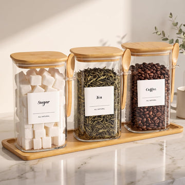 Glass Coffee Container with Wooden Lid and Spoon, Clear Airtight Square Canister Set with Wooden Tray Sticker - Set of 3