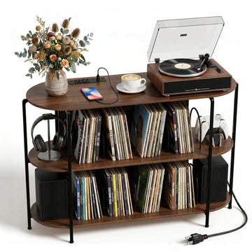 43.3" Record Player Stand with Power Outlets, 3-Tier Vinyl Record Storage Cabinet Holds Up to 400 Albums, Turntable