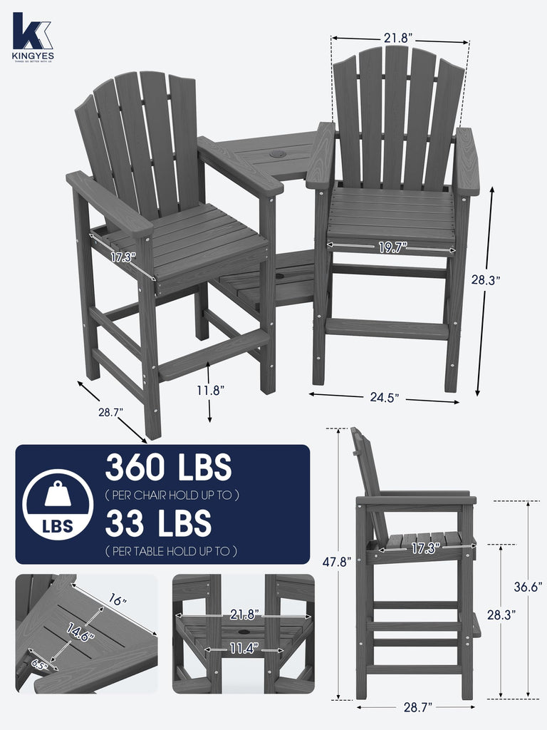 Tall Adirondack Chair Set of 2 with Double Connecting Trays, Gray